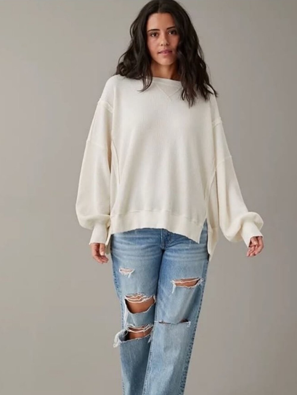 American Eagle Seriously Lived In Distressed Waffle Knit Sweatshirt